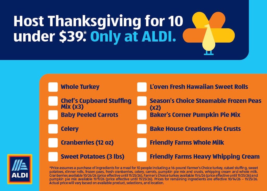 ALDI shopping list for its 2026 Thanksgiving dinner for 10