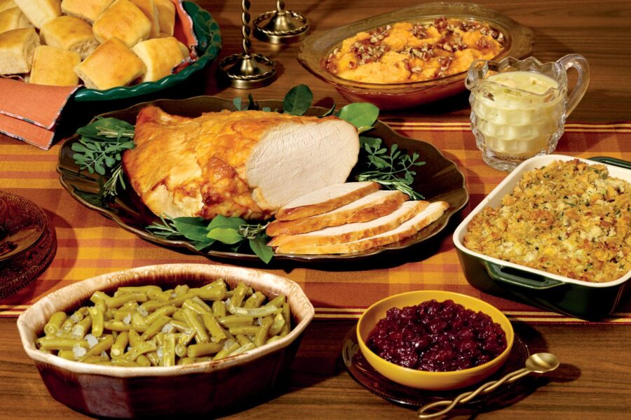 Cracker Barrel Turkey Family Dinner with turkey breast, green beans, dressing and rolls