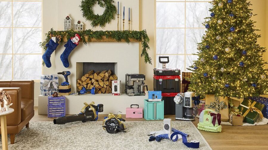 Living room with a Christmas tree and Lowe’s holiday gifts