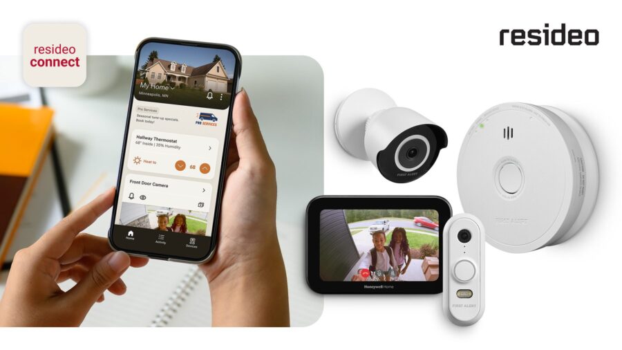 Resideo app on a phone with cameras, a doorbell and smoke alarm
