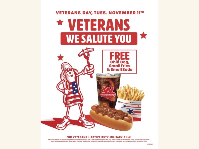 Wienerschnitzel Veterans Day poster with a free chili dog, small fries and small drink